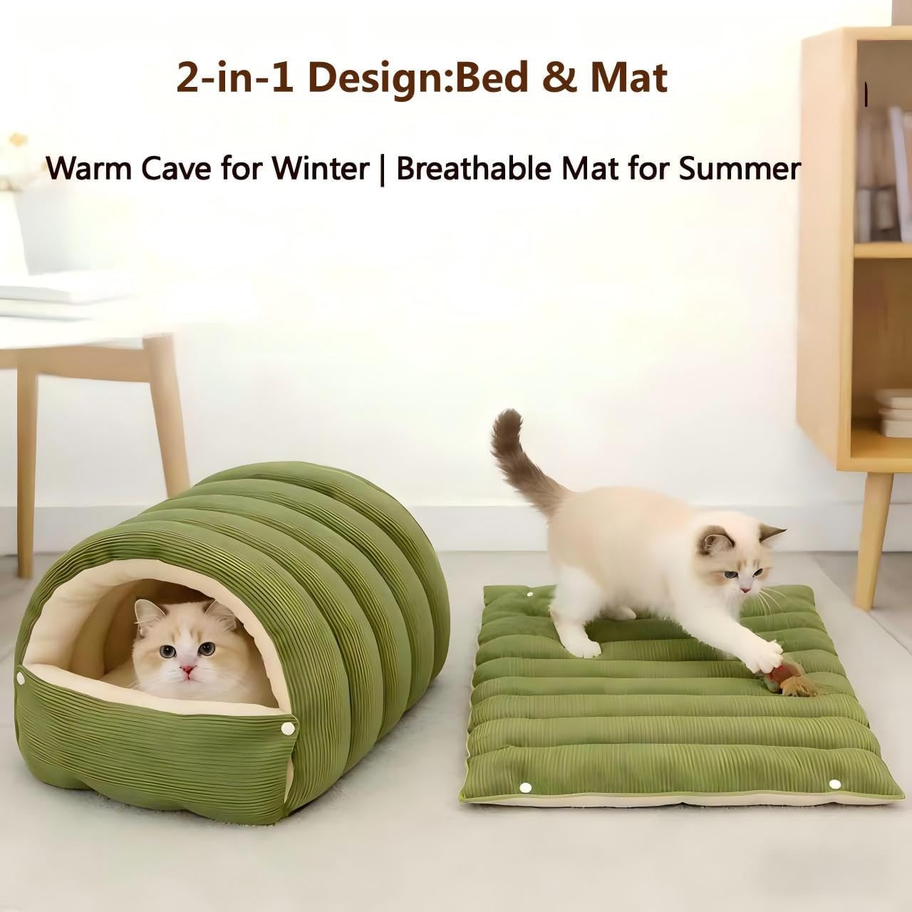 Cat Cave Bed with Hood - Indoor Cat Bed for Cats, Soft Cat Sleeping Bag, Pet Cave for Cats, Detachable Design (Green, 22 inch)