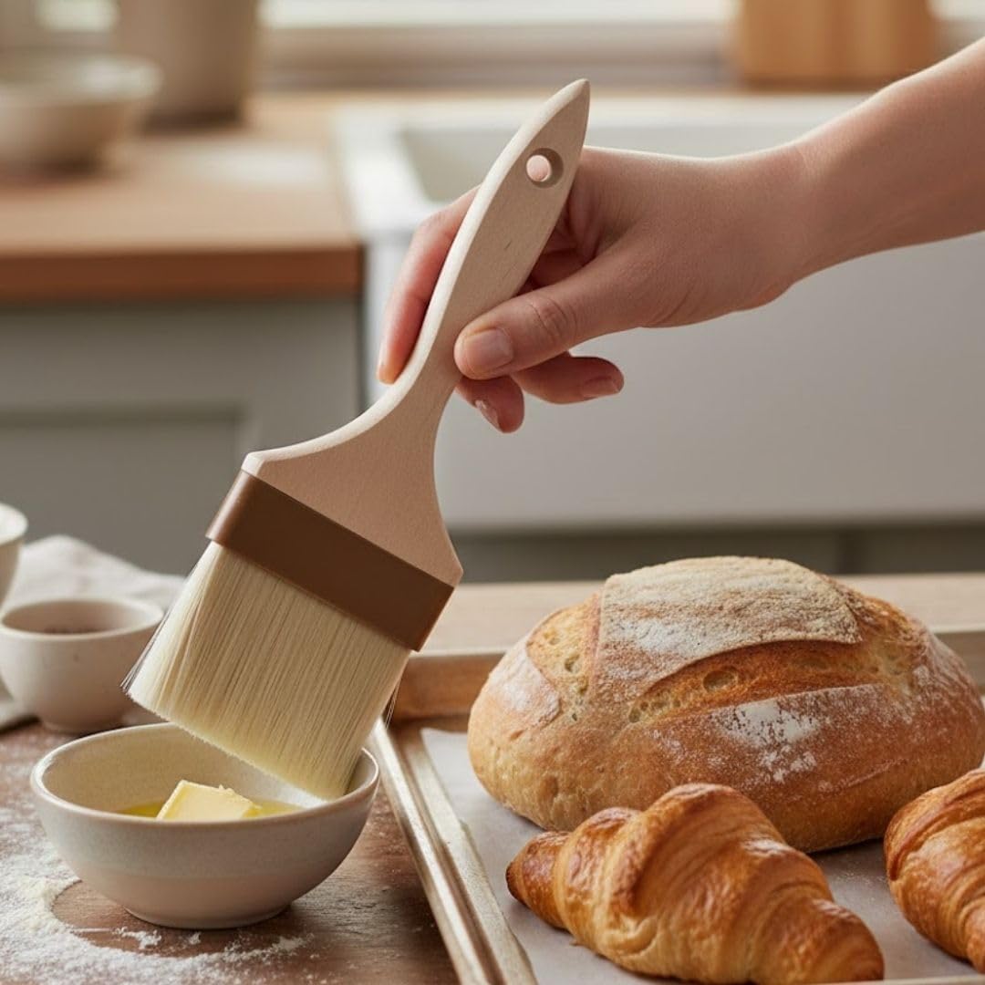 Soro Essentials- 4" Wide Flat Pastry/Basting Brush with Natural Boar Hair Bristles Wooden Handle with Plastic Ferrule- Food Brush Basting Cooking Butter Brush Spread Oil Butter Sauce for Grill Baking