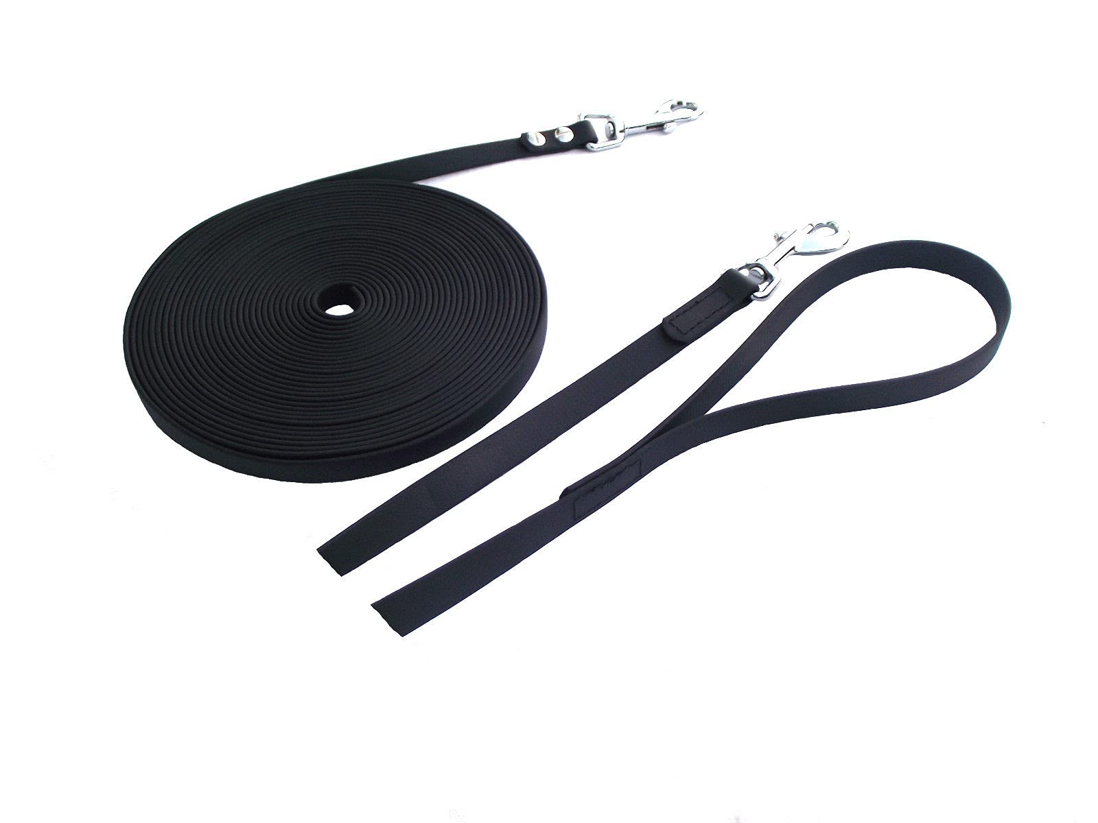 MJH Longe 8m lang u. 16mm breit mit Handschlaufe, Edelstahlkarabiner & vernäht in schwarz