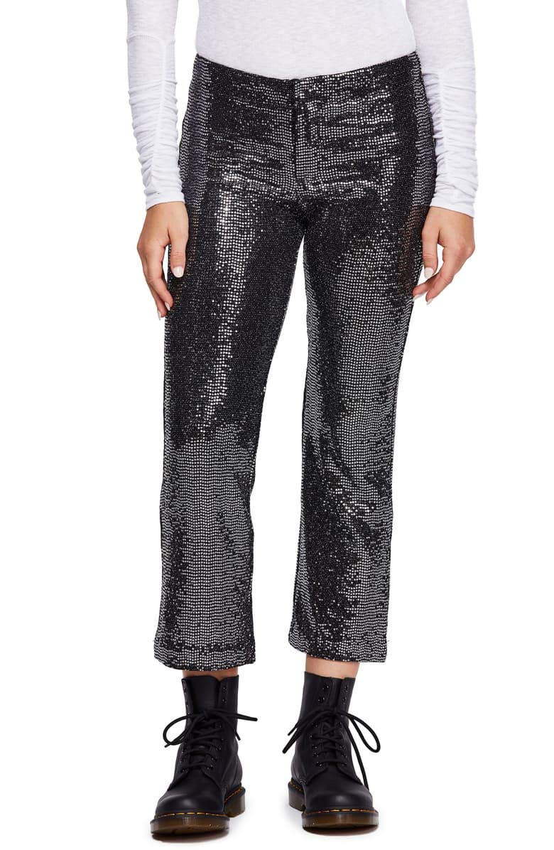 Free People Womens Sequined Metallic Straight Leg Pants