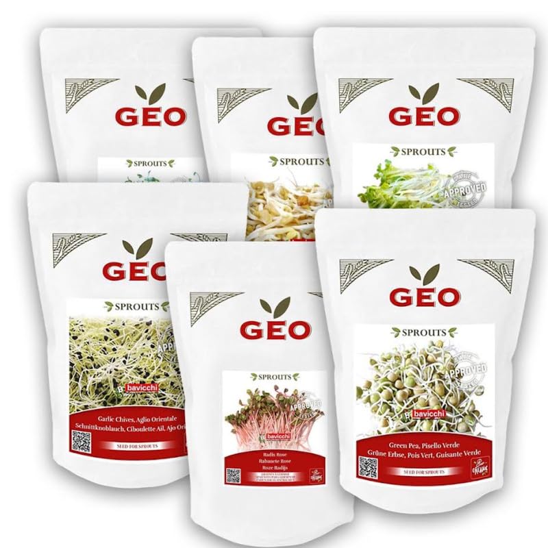 Kit Essentiel GEO – 6 Graines à Germer 100% Bio (2,55 kg) | Luzerne, Radis Rose, Fenugrec, Pois Verts, Moutarde & Ciboulette-Ail | Haute germination ≥ 95% | Longue conservation | Vegan & Sans OGM