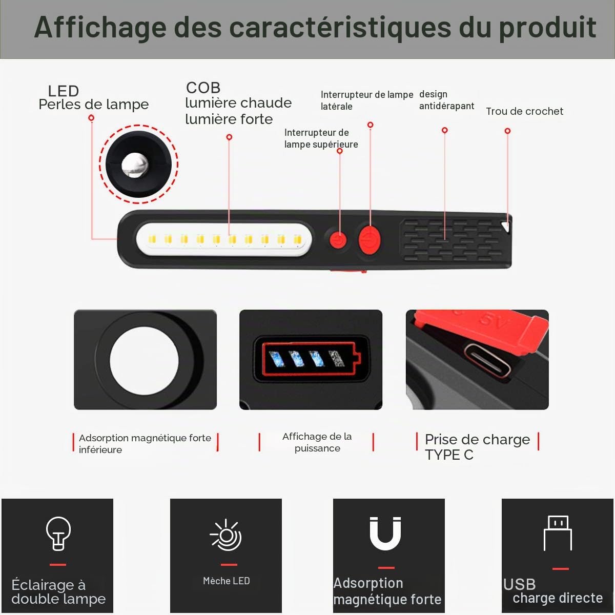 Lampe de Travail LED Rechargeable, Lumière combinée Double Couleur Lampe d'inspection 2 en 1 et 3 W COB LED Torche Lampe avec Double Magnétique pour Auto Garage Atelier Camping Bricolage etc