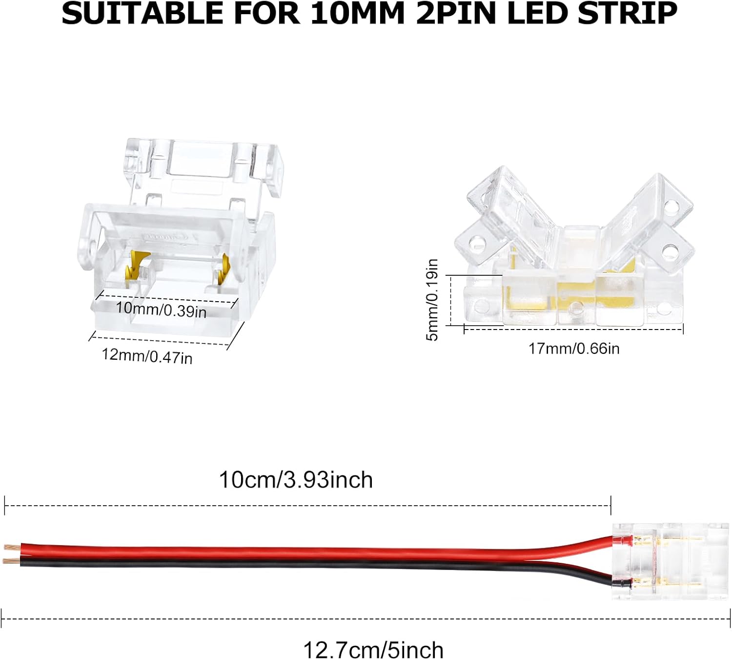 LightingWill LED Strip Connectors 2Pin 10mm, 10 PCS Solderless Pigtail, LED Connectors for Strip Lights, LED Tape Light Connector for COB/SMD 5050 Single Color LED Strips