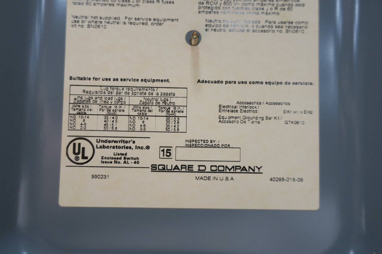 SQUARE D HU362 Non-FUSIBLE Disconnect Switch 60A AMP 3P 600V-AC D593368