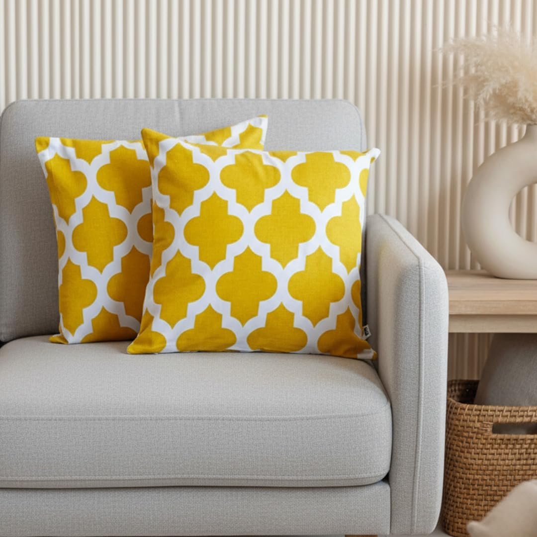 HOMEMONDE Cotton Cushion Cover Set Of 2 - Sofa Pillow Cover 24 By 24 Inches Living Room Cushion Covers, Yellow, 250 TC