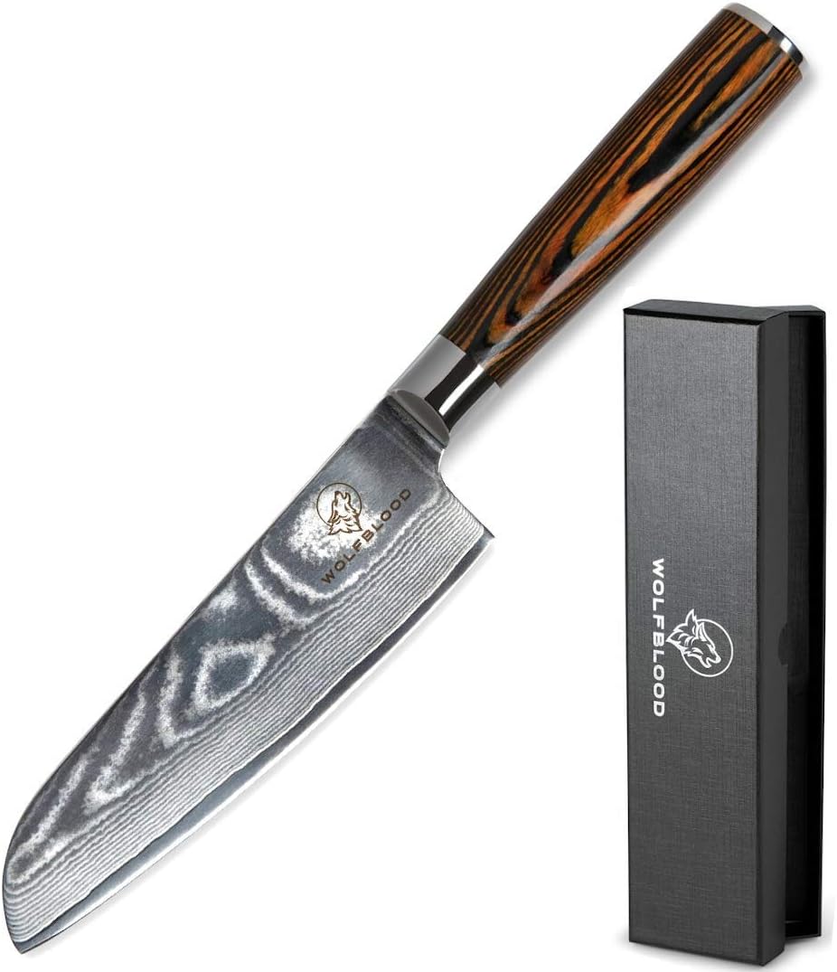 Wolfblood Damastmesser Santoku Messer L(24cm) TÜV geprüfter 62 HRC Damaststahl aus 67 Lagen I Damast-Küchenmesser Santokumesser mit Holzgriff Geschenkbox und Klingenschutz