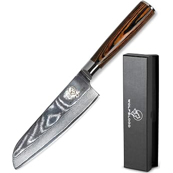 Wolfblood Santoku Kitchen Knife (24 cm), Damascus Knife - 67 Layers Damascus Steel - With Real Wood Handle - Professional Kni