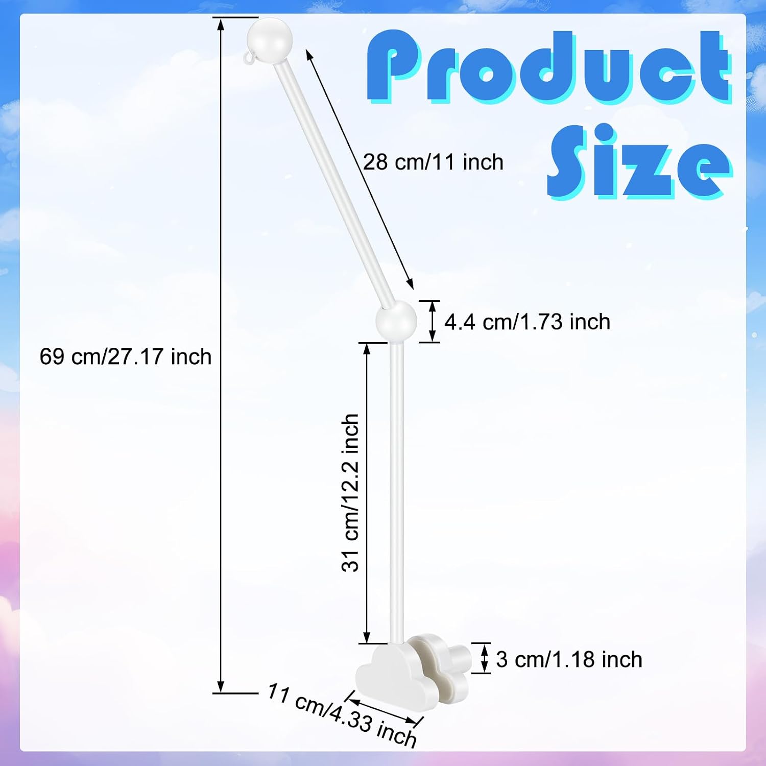 GlikCeil Wooden Baby Crib Mobile Arm 27.17 Inches Cloud Design Adjustable Baby Mobile Hanger for Crib Cot Bed Bassinet Wind Chimes Bed Bell Nursery(White)