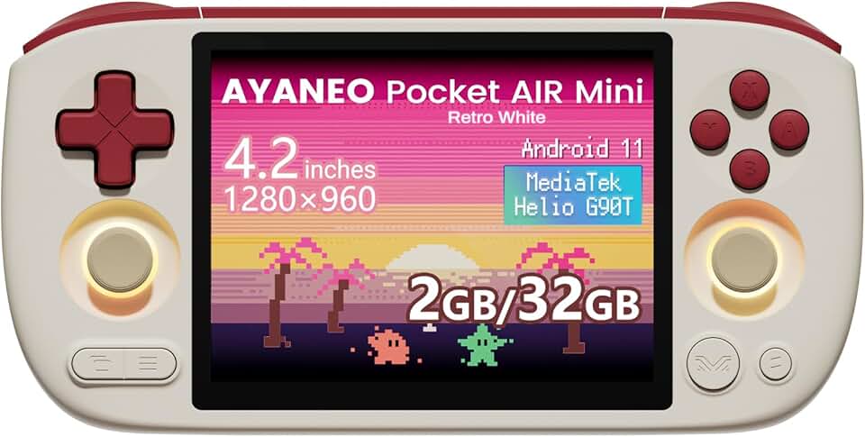 AKNES AYANEO Pocket AIR Mini Retro Handheld Game Console, 4.2" 500 Nits HD Screen (1280x960 LCD, 60Hz), Android 11 Gaming System with Helio G90T, Hall Joystick & Trigger, 2G+32G - Retro White