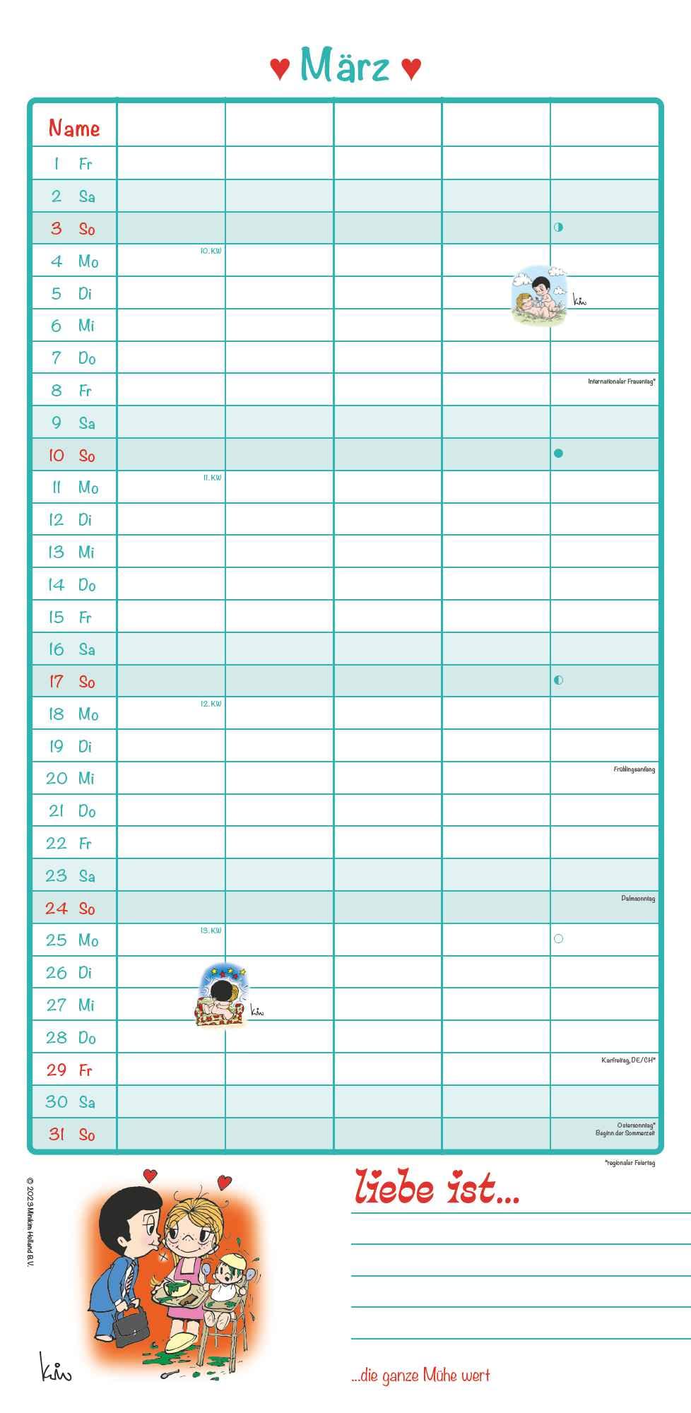 Calendrier Familial 2025 Liebe Ist... - Planificateur Mensuel 22x45 Cm Avec 5 Colonnes
