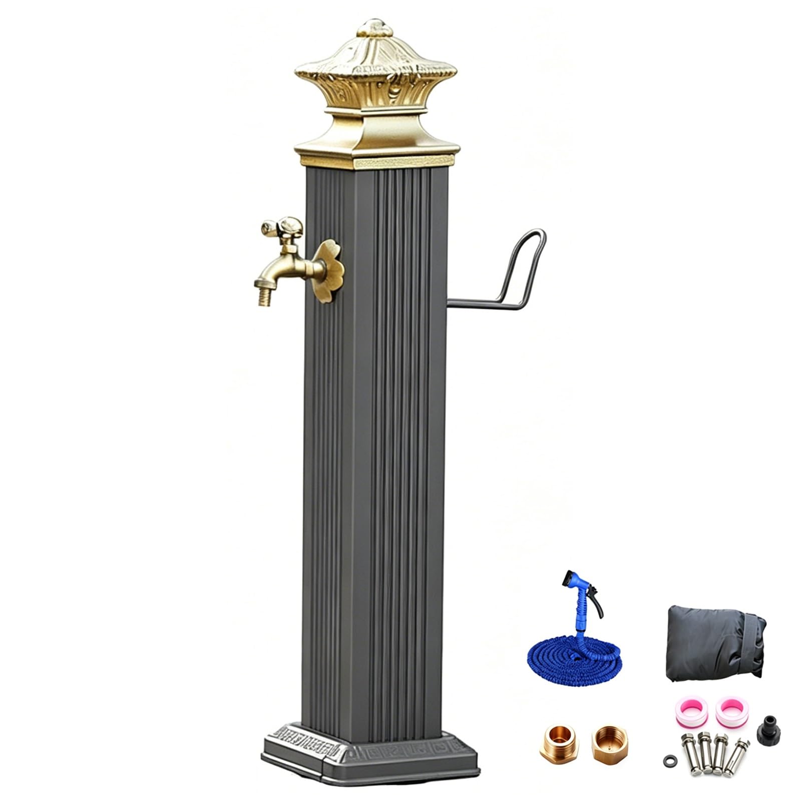 Yangllyj Grey Retro Garden Water Column, Freestanding Outdoor Water Column With Decorative Spigot And Hose Holder For Backyard, Patio(10X112cm/4X44in)