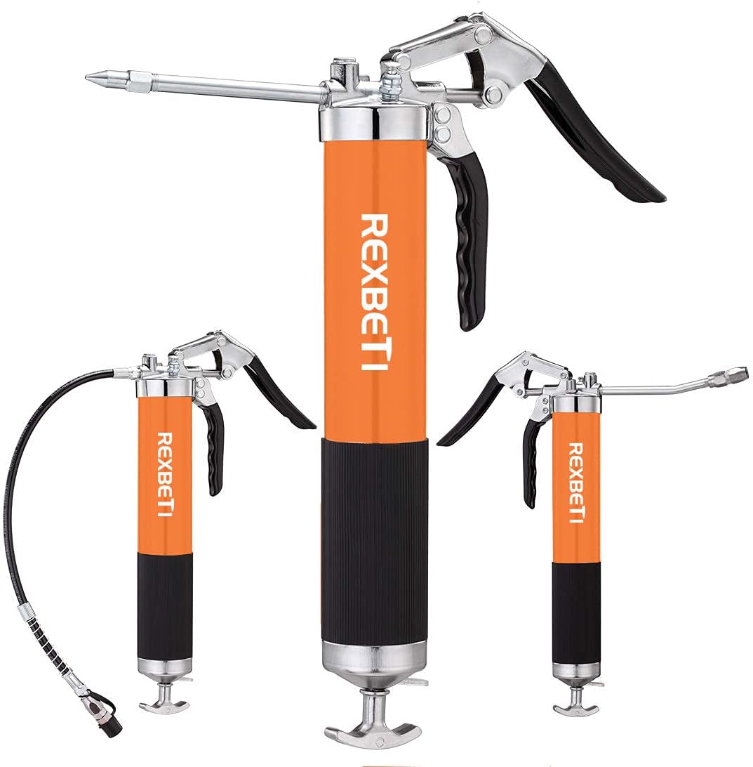 REXBETI Grease Gun, Pistol Grip Grease Gun Set with 18 Inch Flex Hose, Heavy Duty Steel Barrel