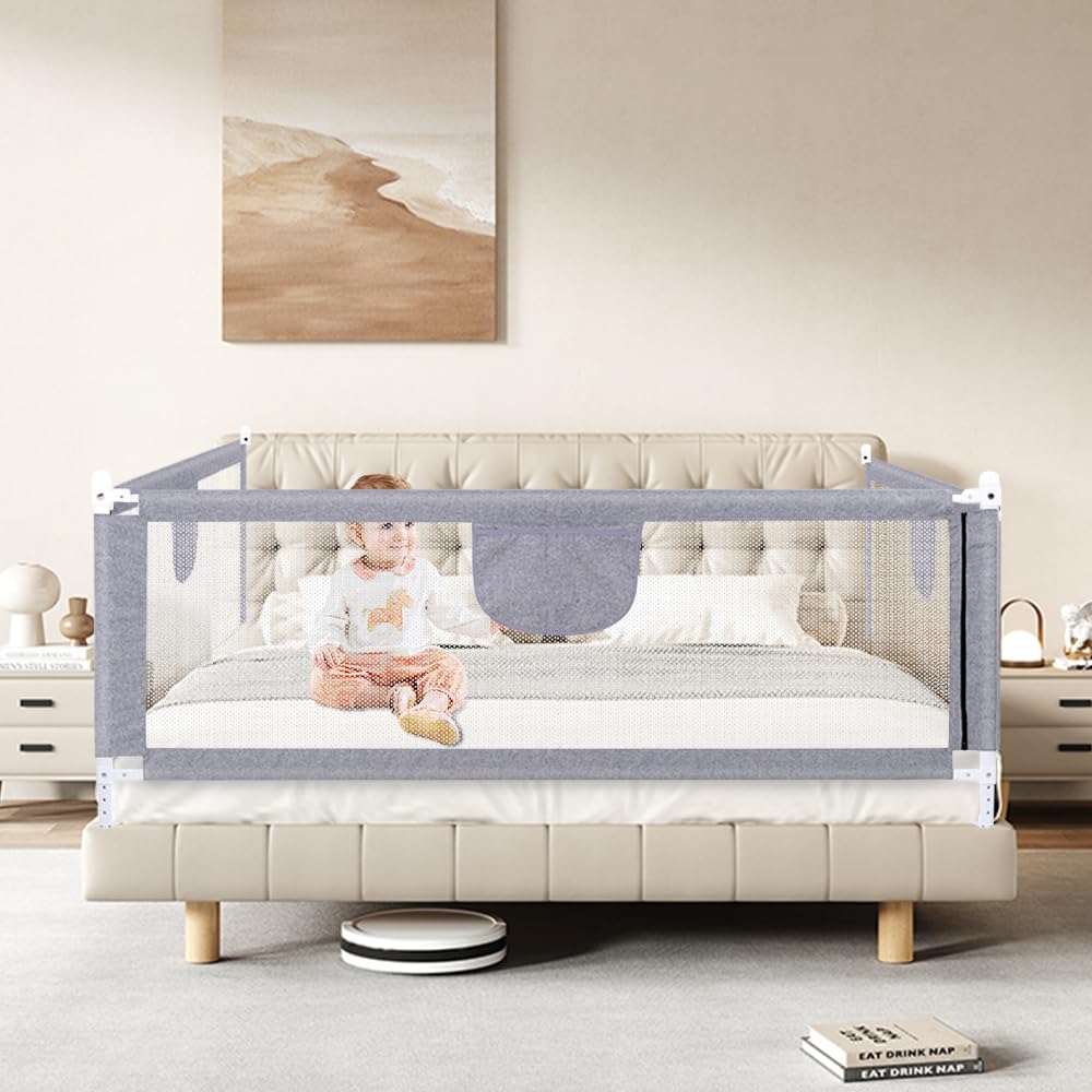 WOLTU Bedhekje voor kinderen, valbescherming, 180 cm, veiligheidsstang met dubbele vergrendeling, in hoogte verstelbaar, 69-87 cm, voor matras, donkergrijs