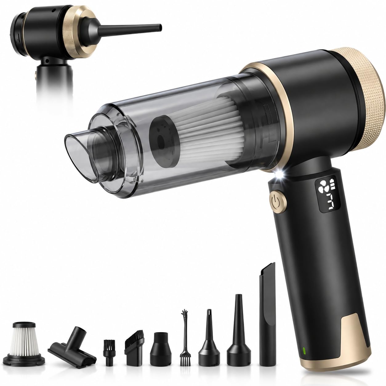 MZGO 4-in-1 Akku-Handstaubsauger mit 28.000 Pa für Auto & Haushalt | Kabelloser Autostaubsauger mit 6.000-mAh-Akku, 130.000-U/min-Motor, 3 Saugstufen, LED-Display sowie Blas- und Aufpumpfunktion