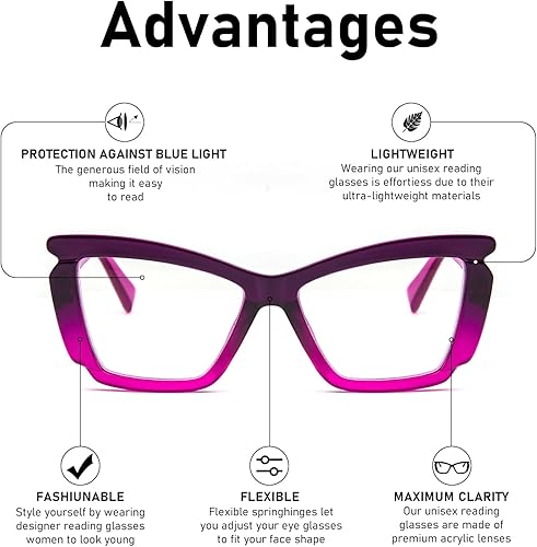 Miniatura 5 de KoKoBin Paquete de 4 elegantes lentes de lectura para mujer, a la moda, grandes, con bloqueo de luz azul, con bisagra de resorte