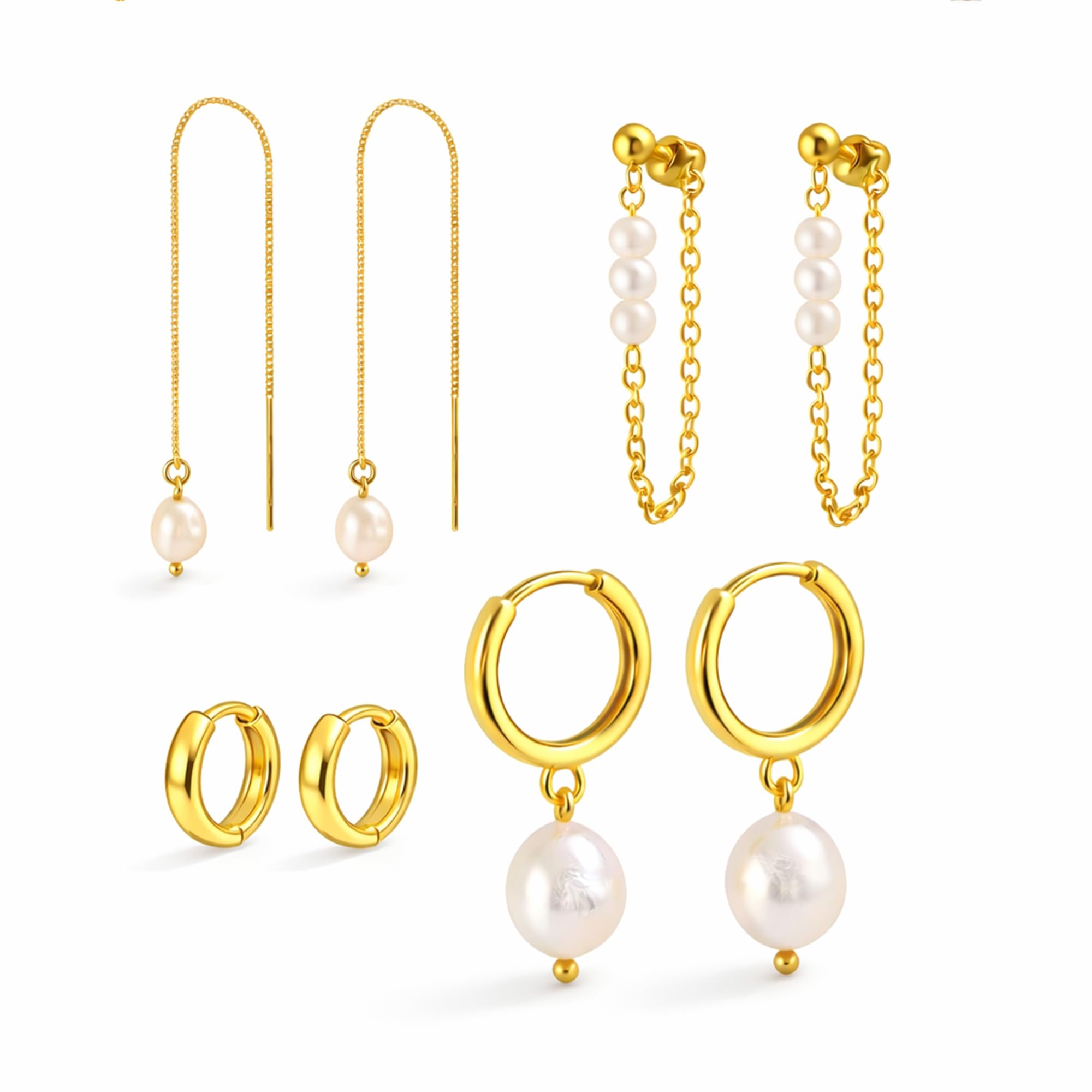 Gold Hoop Earrings for Women, 14K Gold Plated Hypoallergenic Pearl Drop Dangle Huggie Hoop Earring Stack for Multiple Piercings & Cartilage, Dainty Trendy Womens Jewelry