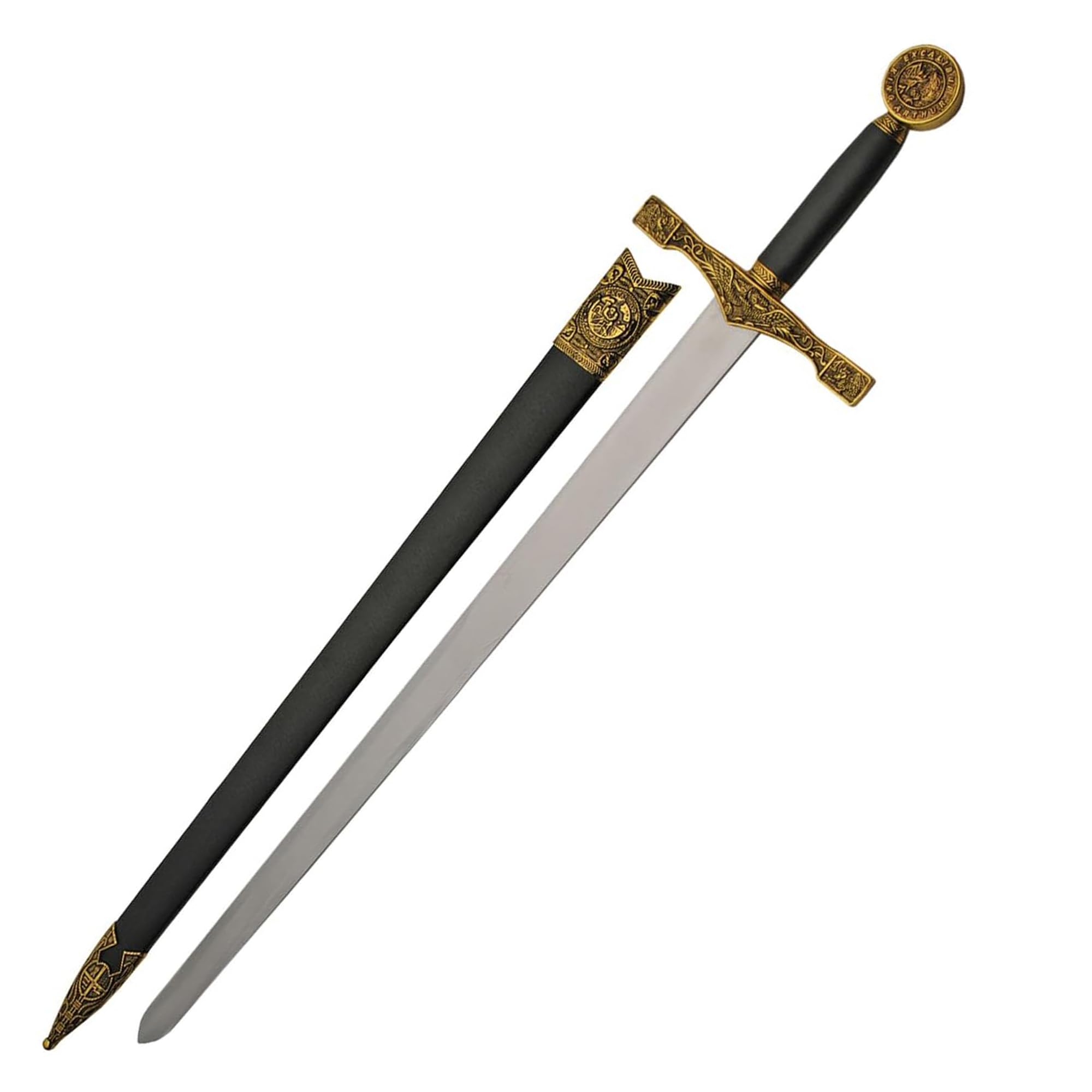 SZCO 33" Excalibur Medieval Sword– King Arthur Replica Cosplay Sword with Stainless Steel Mirror-Finish Blade, with Gold Guard & Scabbard for Display, Costume, Decor & Collectors