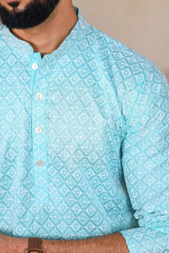 Image of ALMORA Men's Embroidered with Thread Work and Cotton Blend Only Slim Fit Kurta for Men