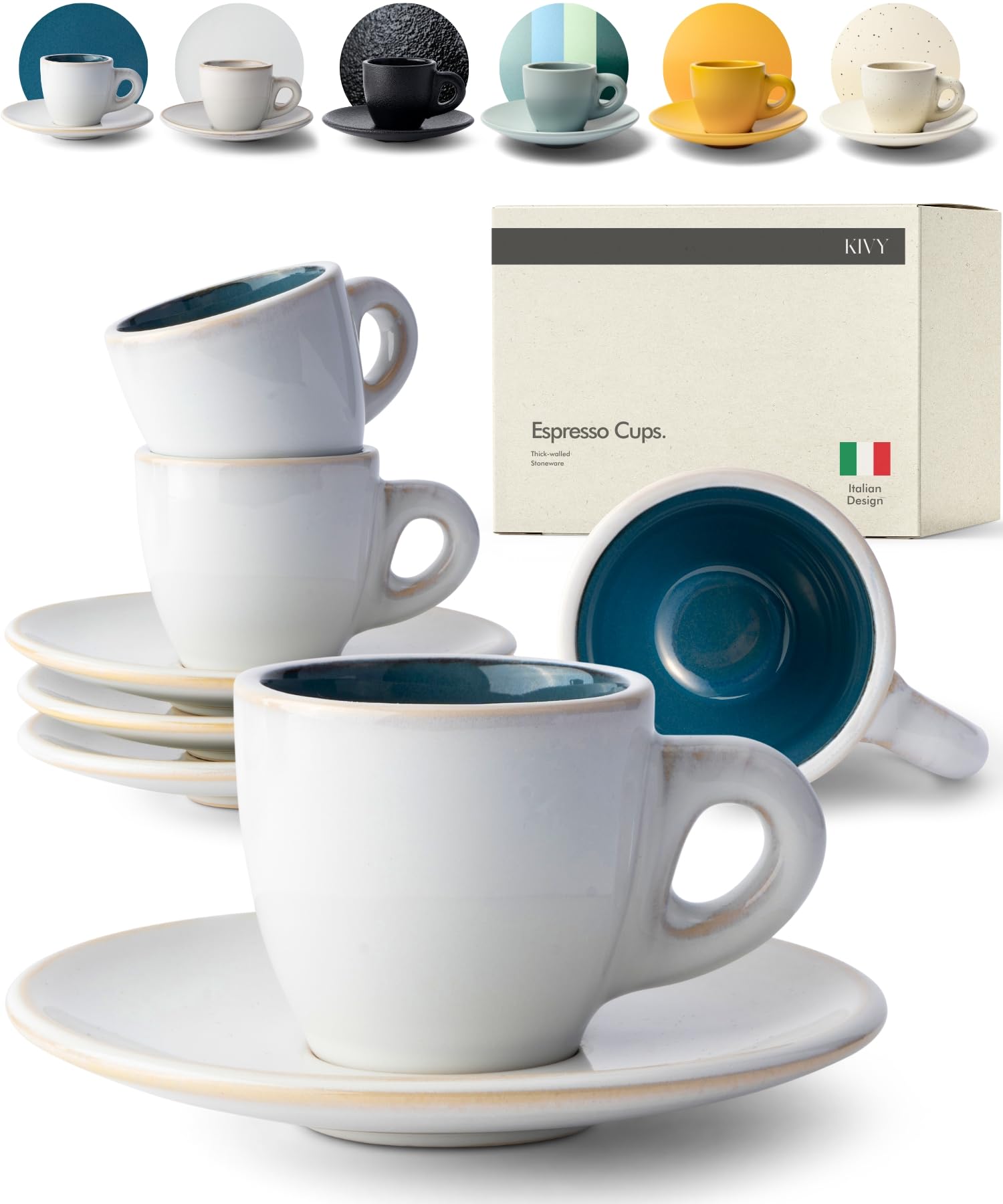 KIVY 3 oz Espresso Cup Set of 4 - Thick Walled Stoneware Espresso Cups and Saucers - Italian Style Expresso Shots Cup and Saucers - Blue