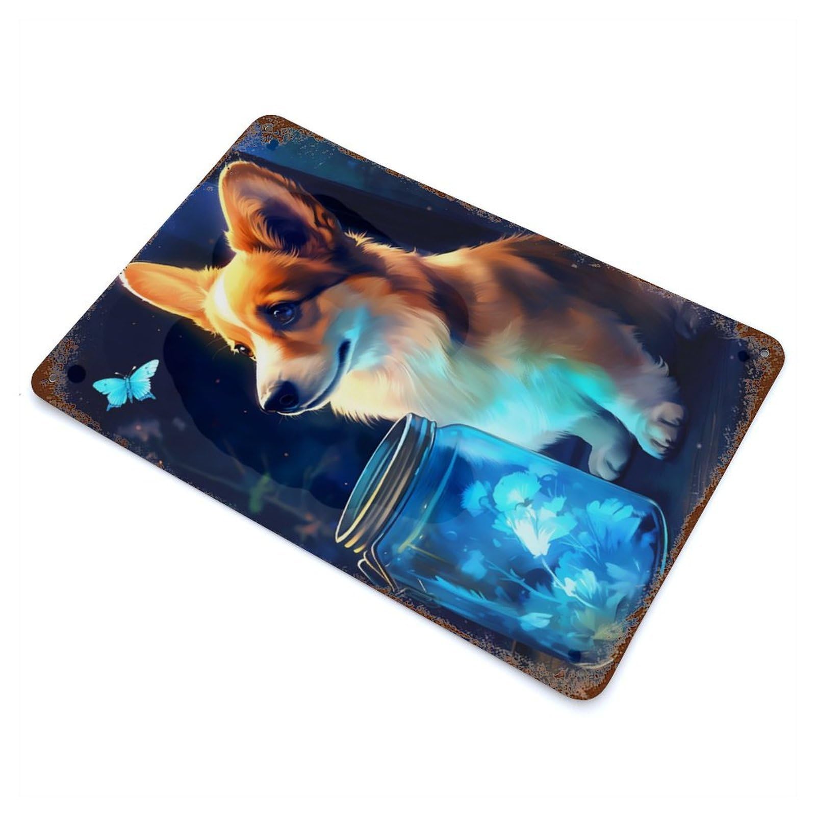 Vintage Metal Tin Sign with Cute Corgi Dog Luminous Design 11.8"x7.9", for Living Room, Hallway And Home Decor, Retro Wall Decor