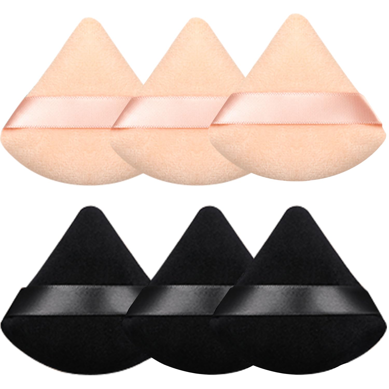 Willight 6 borlas de polvo, triángulo de maquillaje, esponja de polvo, esponja de polvo, lavable y reutilizable, para base de maquillaje en polvo suelto (3 negros y 3 colores de piel)