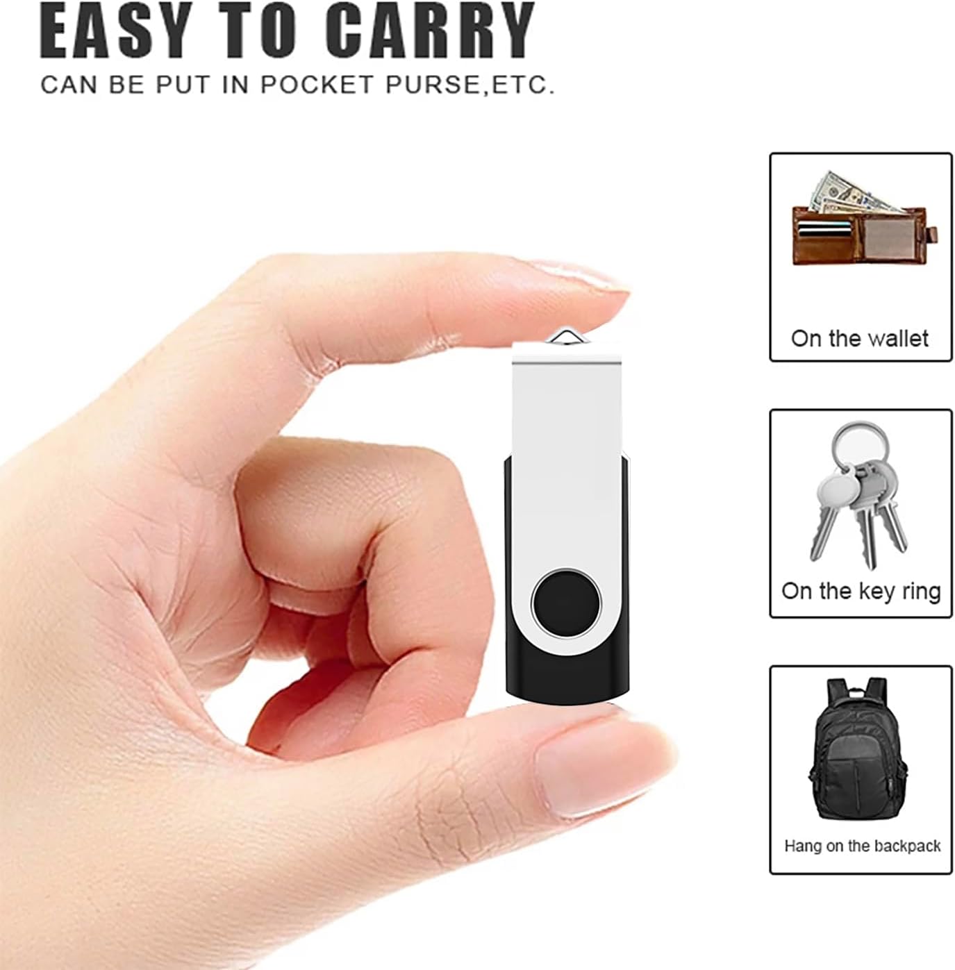 3 Pack 64GB USB Flash Drive with Type C Adapter and Storage Box USB 2.0 High Speed Metal Pen Drive 360° Rotatable Storage Memory Stick for Phone/Pad/PC/Laptop/Android - Black(3-Pack 64GB)