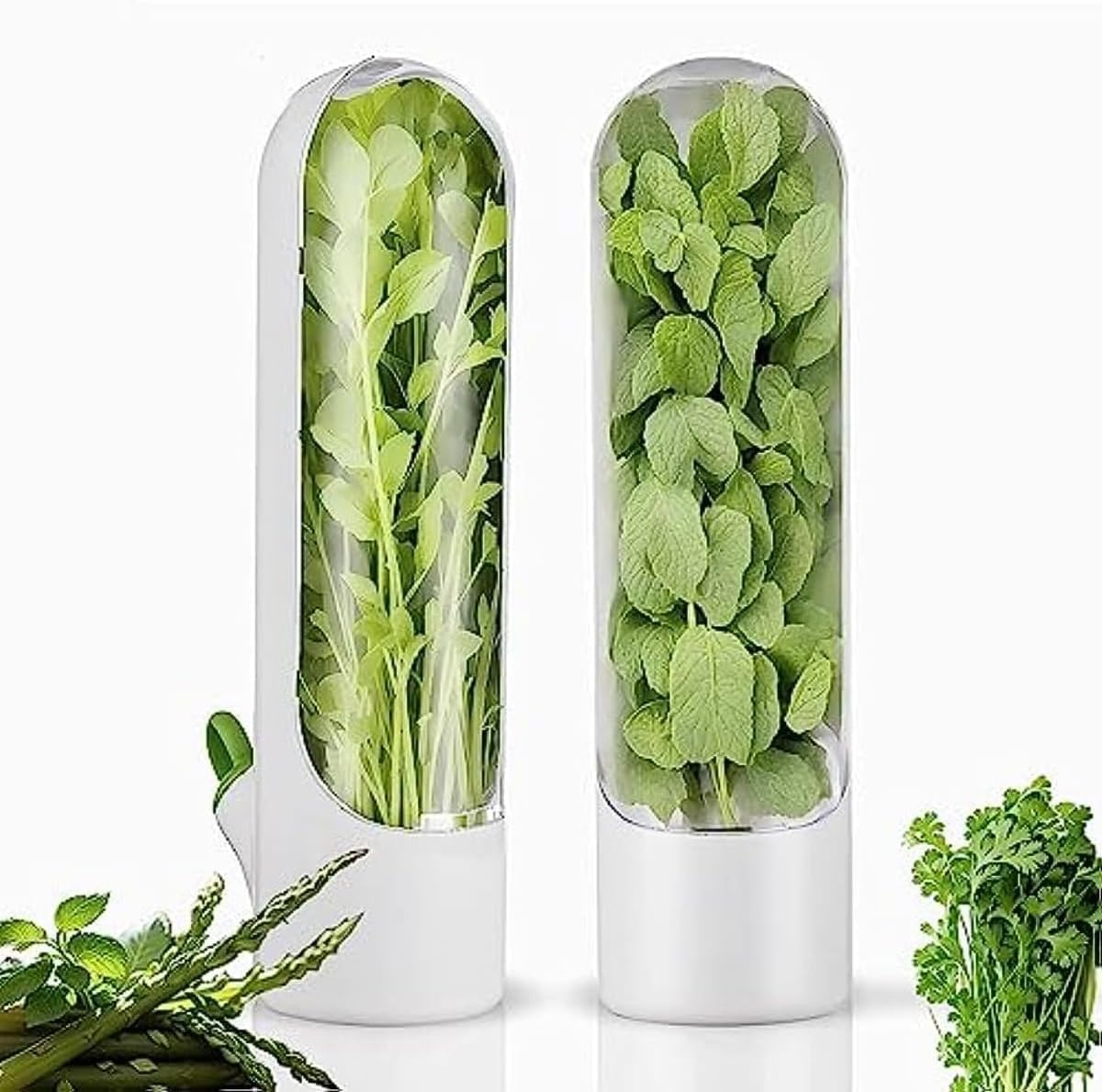 Herb Saver, Herbs Keeper for Refrigerator, Cilantro Storage Containers, Fridge Organizers and Storage, Herb Saver Pod Keep Fresh & Green Vegetables, Mint, Parsley, Asparagus,2 pcs