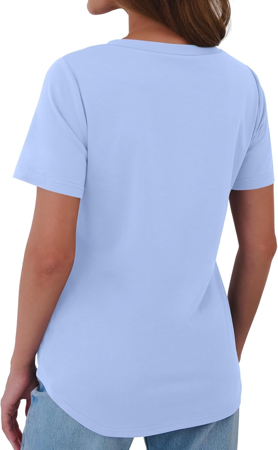Womens T Shirts V Neck Short Sleeve Cotton Tops Summer Curved Hem Trendy Basic Tee Shirt S-XXL - Image 6