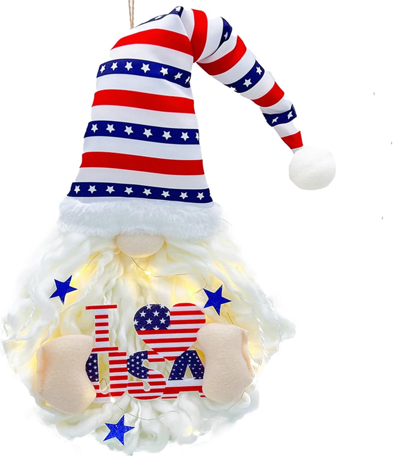 4th of July Wreath Gnome Decoration,Patriotic Knomes Front Door Decor Wreaths,24 Inches Memorial Day Nomes Wreath,Idependence Day Gnome Wreath with Led String for Home Office Front Porch Entryway