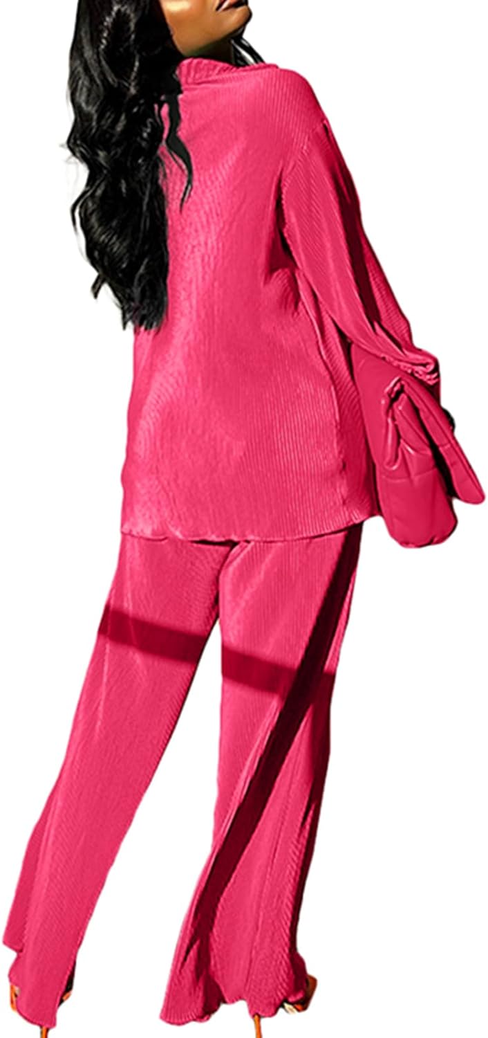 kaimimei Casual 2 Piece Outfit for Women - Linen Long Sleeve Button Down Shirt + Flare Pleated Wide Leg Pants Sets Streetwear - Image 3