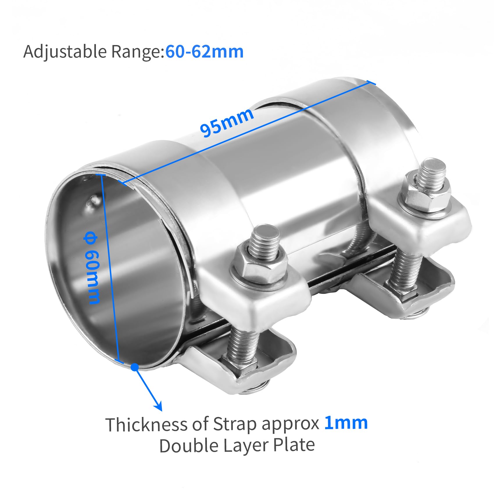 DOCAS Ø 60 mm x 95 mm lunghezza Morsetto per tubo di scarico, morsetti di scarico con doppio morsetto inossidabile universale per auto (2 pezzi)