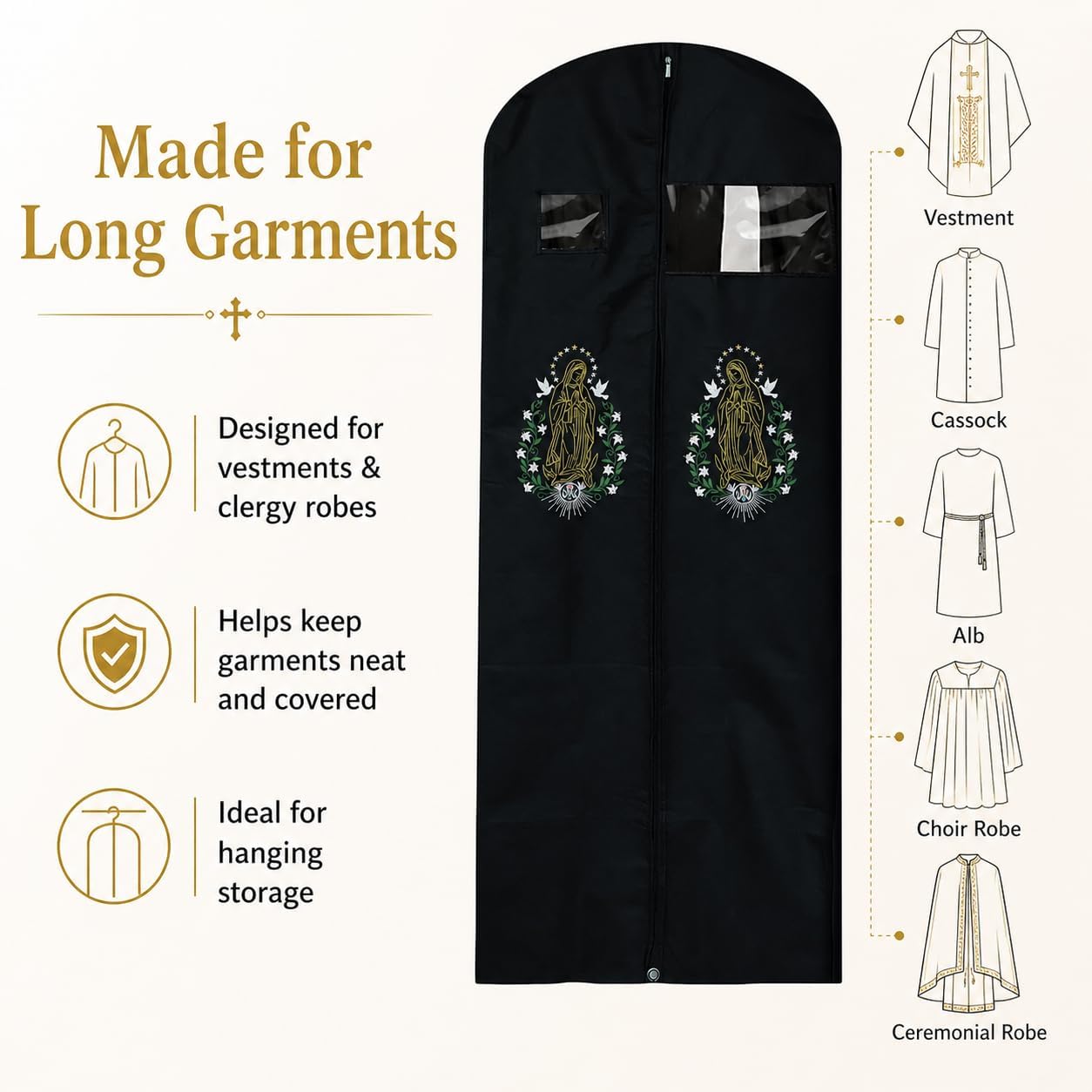Virgin Mary Embroidered Vestment Garment Bag, Black Priest Robe Storage Cover with Clear ID Windows & Full Zipper, Long Hanging Garment Bag for Clergy Vestments (Black, 60 Inch)