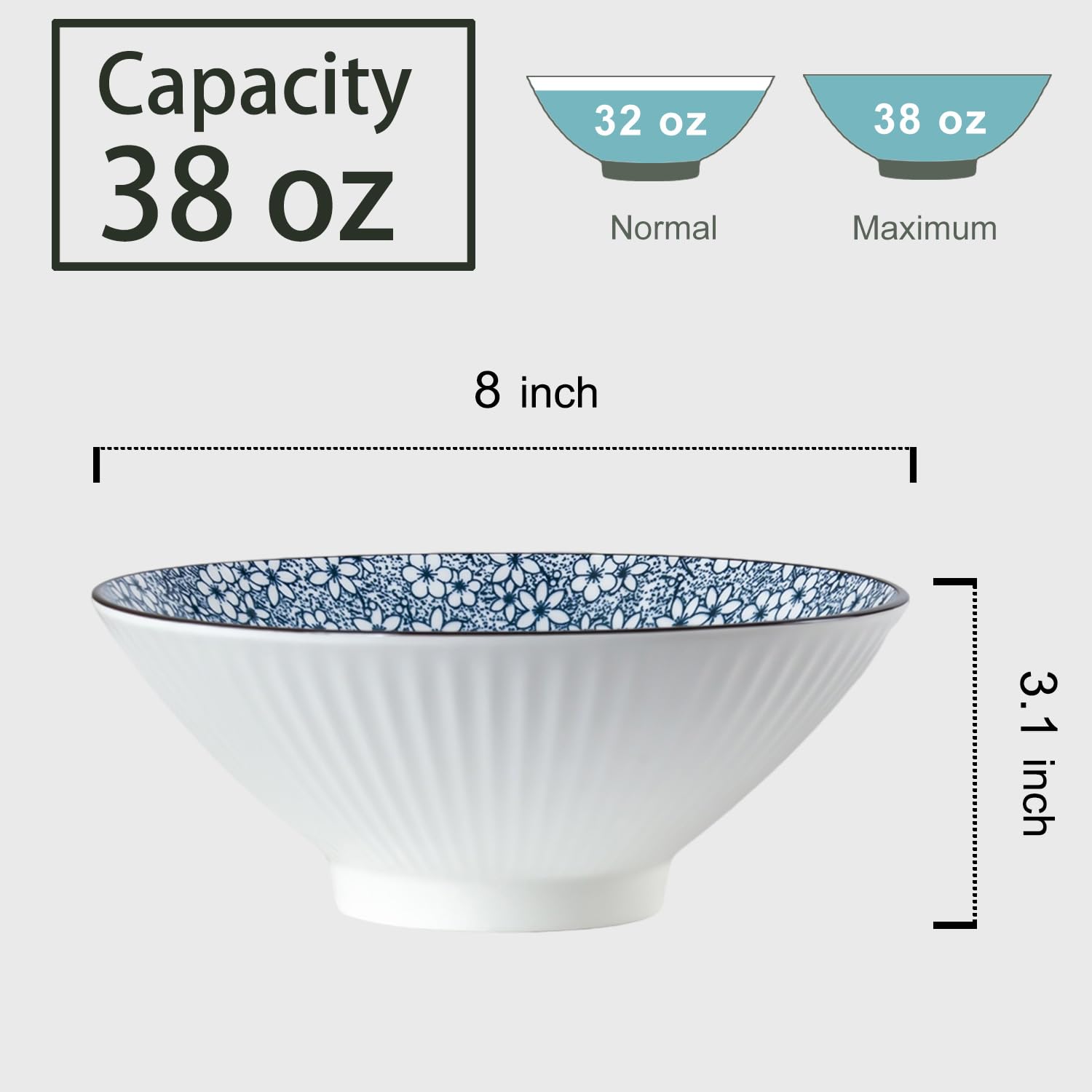 Lot de 4 bols à ramen japonais de 1 077,3 g – Grands bols à soupe en céramique de 20,3 cm, bols à nouilles japonais bleus et blancs pour Pho, ramen et céréales – Motifs floraux en fleurs de