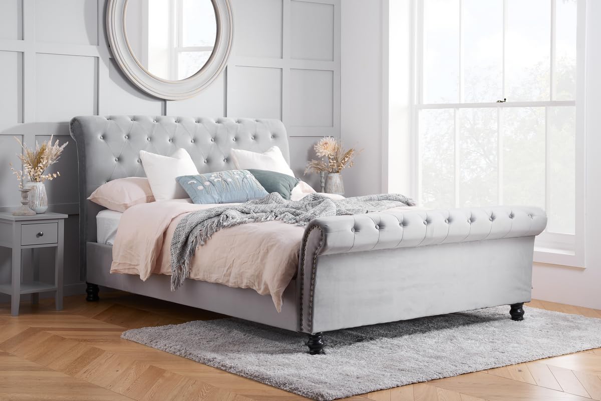Birlea Opulence 180cm Grey Velvet Bed Frame - Button Detailing, Metal Studs, Sprung Slatted Base