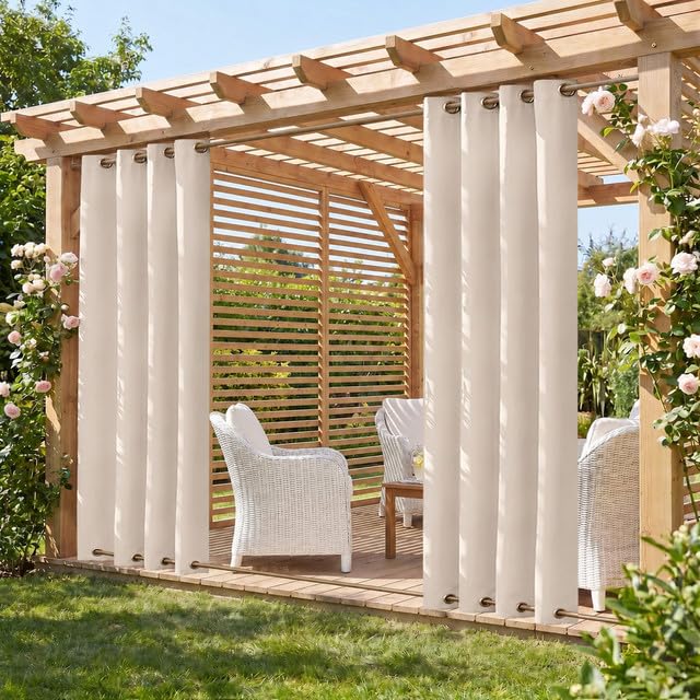 Rosnek 2erOutdoor Vorhang Wetterfest Winddicht, Balkon Gardinen mit Ösen Oben & Unten, Blickdicht Wasserdicht Sonnenschutz Sichtschutz Gardinen für Terrasse,Pergola,Pavillon, H213x B132 cm, Beige