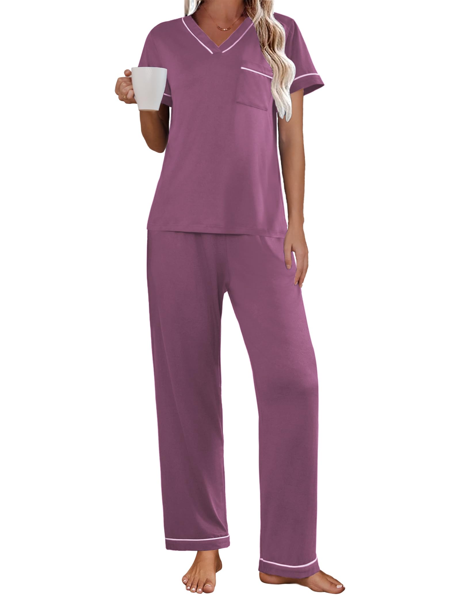 Ekouaer Women's Pajama Sets Short Sleeve V Neck Sleepwear Nightwear Soft Pjs Lounge Sets with Pocket