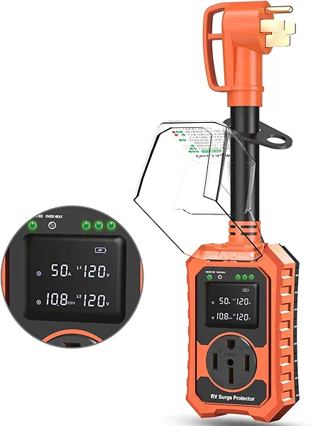 Losrik RV Surge Protector 50 Amp Waterproof- Smart 50Amp Power Protectors with Real-Time KWH, Voltage, and Current Monitor Large Screen, LED Display Circuit Analyzer for Camper Travel Trailer