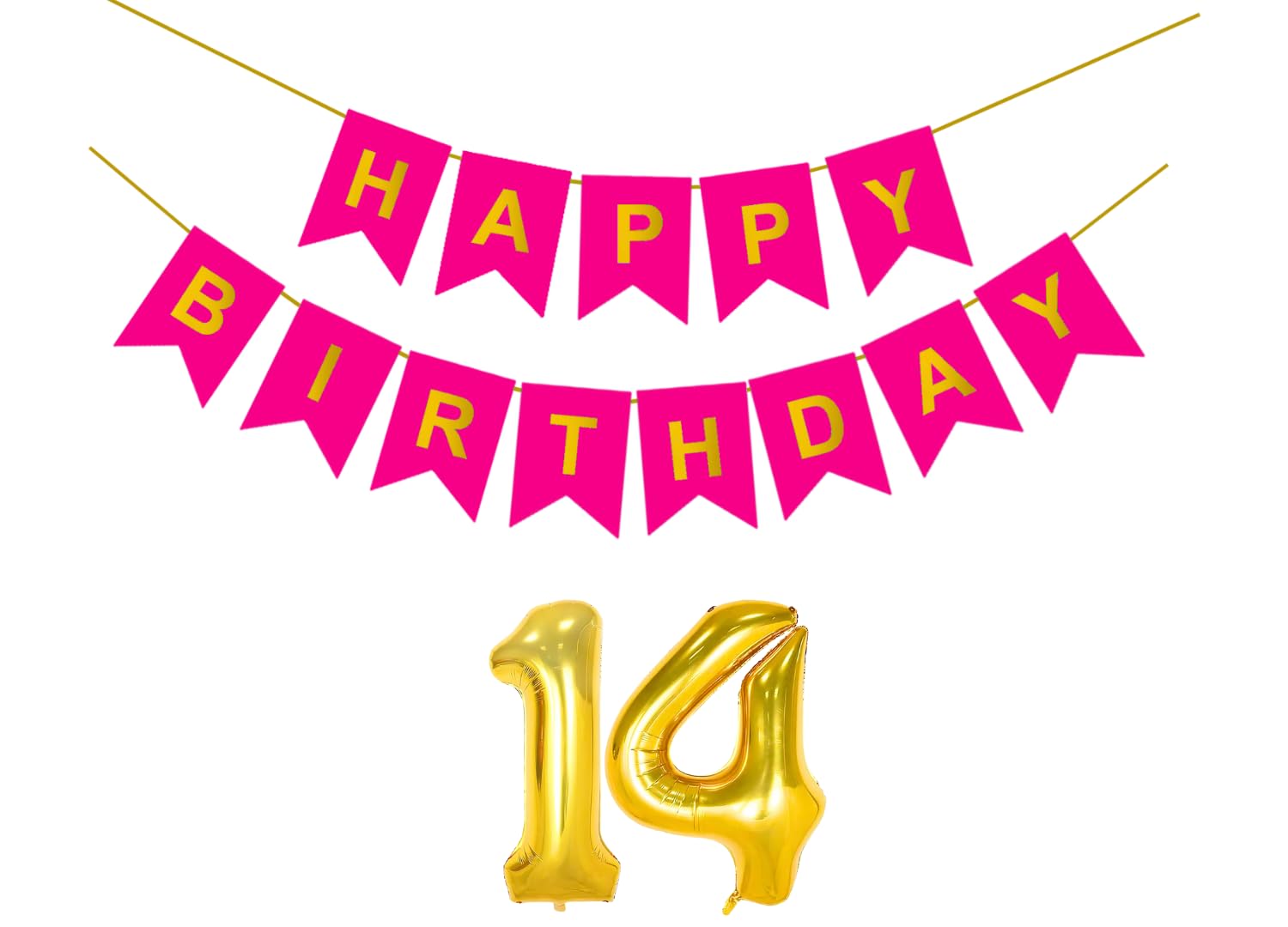 Flyloons 14th Dark Pink Colour Happy Birthday Banner Decoration Kit for 14 year Old Boys Girls Teenage | with Number Fourteen | 13 Pcs Reusable Cardstock Happy Birthday Paper Banner
