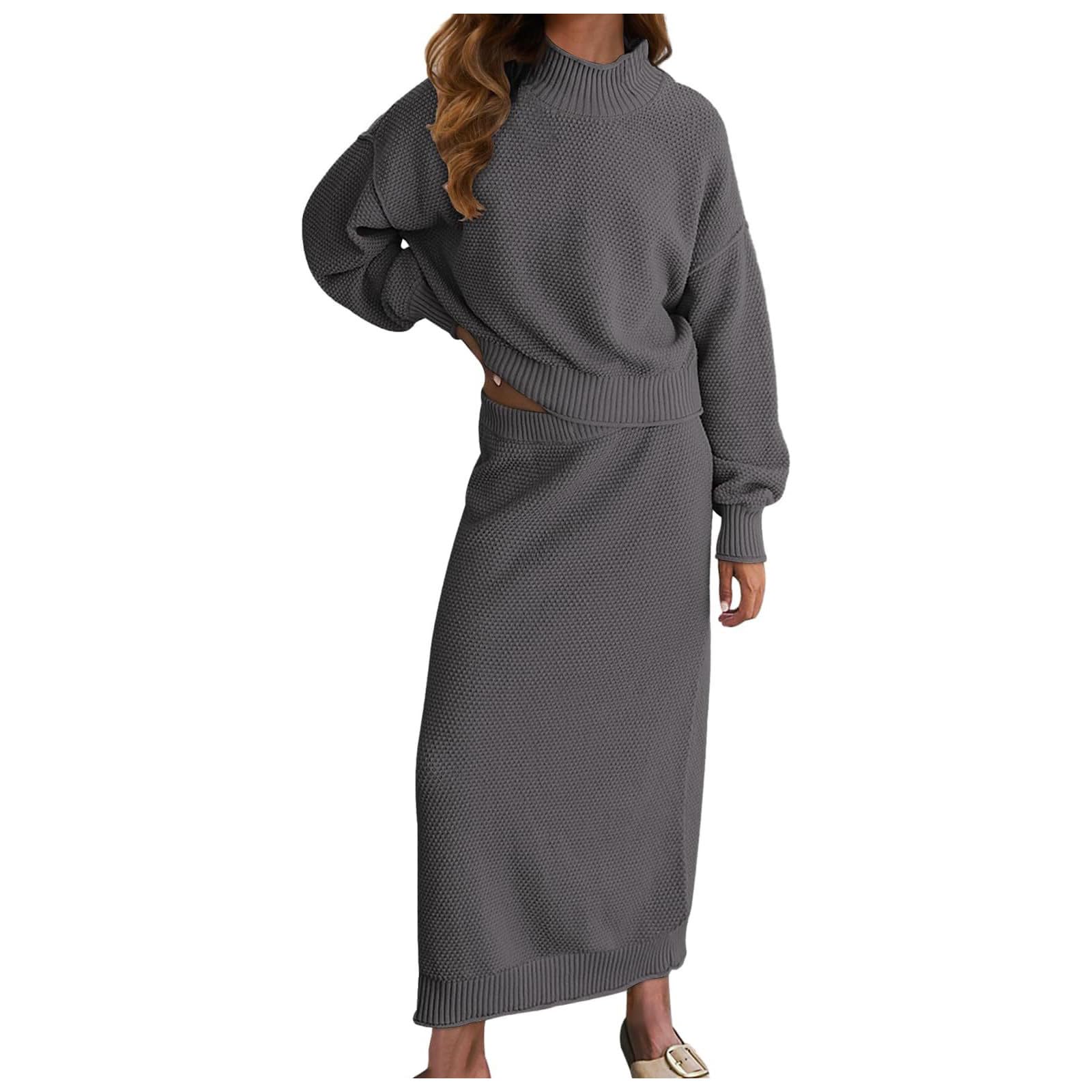 Damen Zweiteiliges Strick-Set mit Rollkragenpullover Maxirock als eleganter Trainingsanzug-Ersatz für langarmige Bequemlichkeit