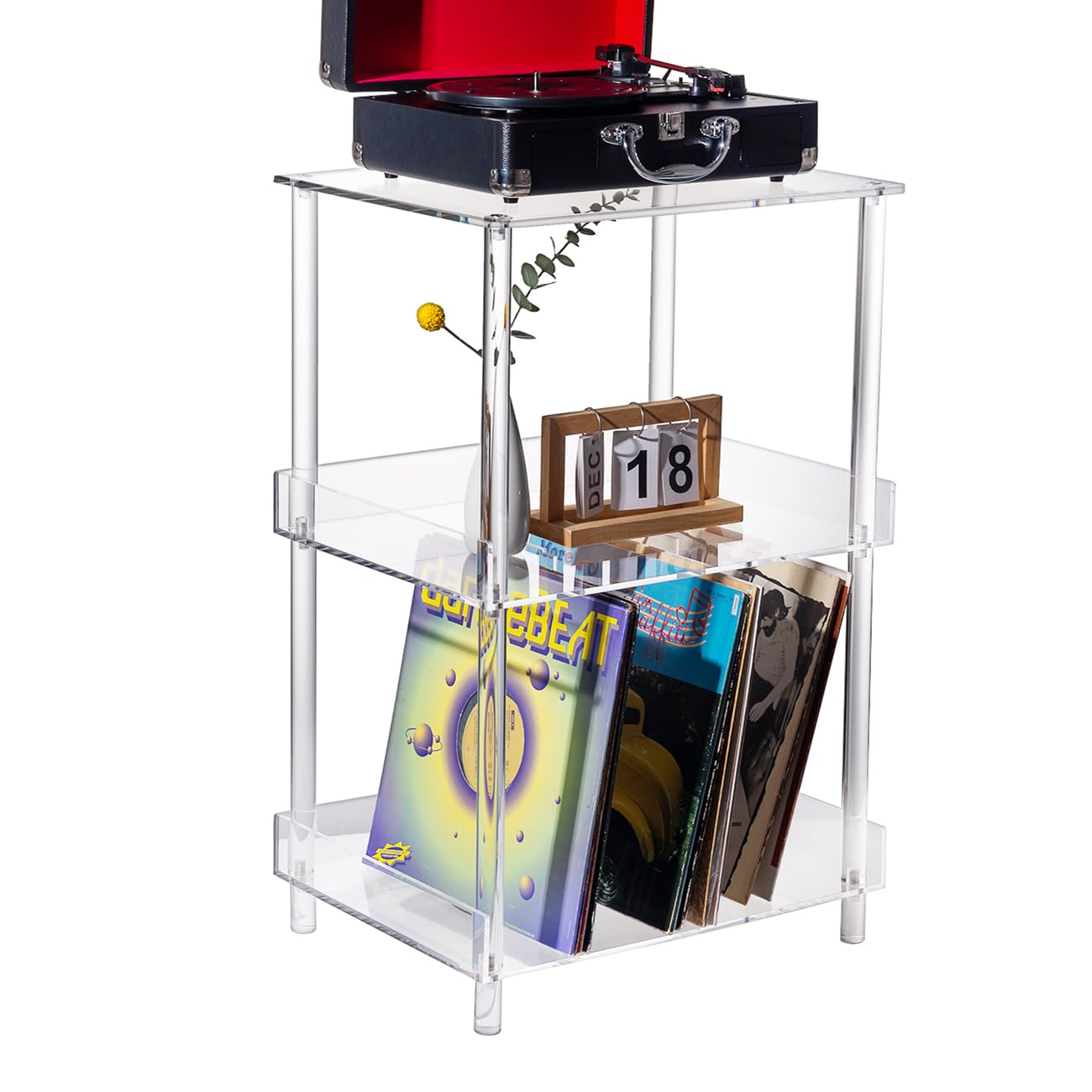 Antilope Supporto per giradischi in acrilico con contenitore in vinile, supporto per giradischi a 3 livelli, supporto fino a 200 album, grande organizer da tavolo per soggiorno, camera da letto,