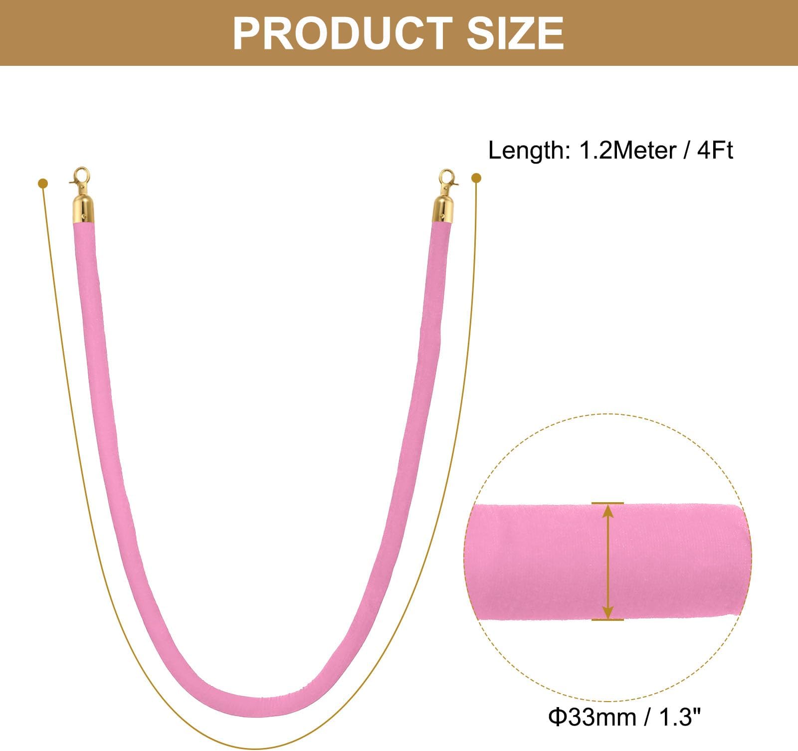PATIKIL 4 Feet Pink Velvet Stanchion Rope, 4 Pack Crowd Control Barrier Rope with Snap Hooks for Posts Stands Queue Divider of Hotel Theater, Golden