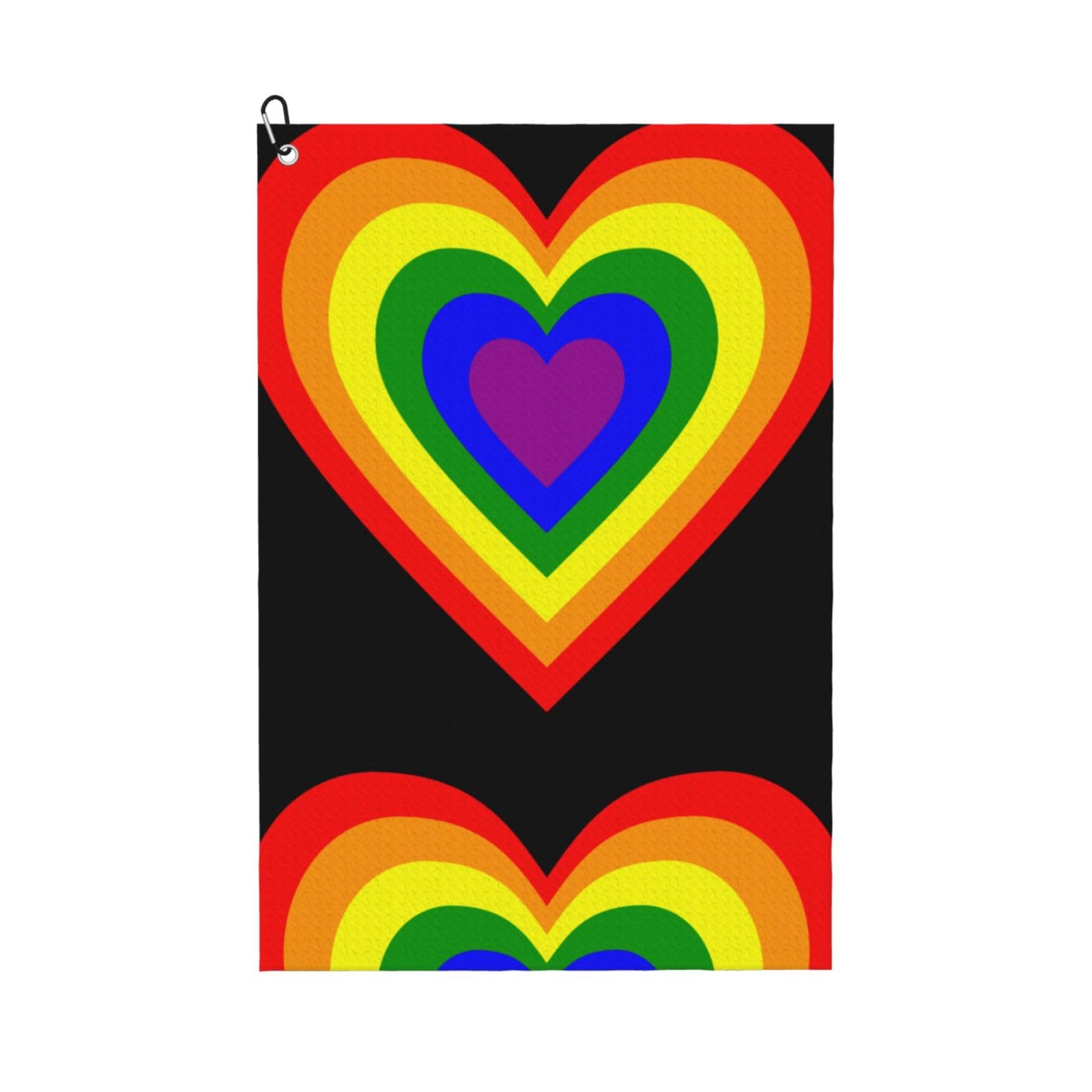 peiyeety LGBT Rainbow Heart Microfiber Golf Towel with Carabiner Clip, 16x24 Inch Absorbent Waffle Weave Towel for Golf Bags