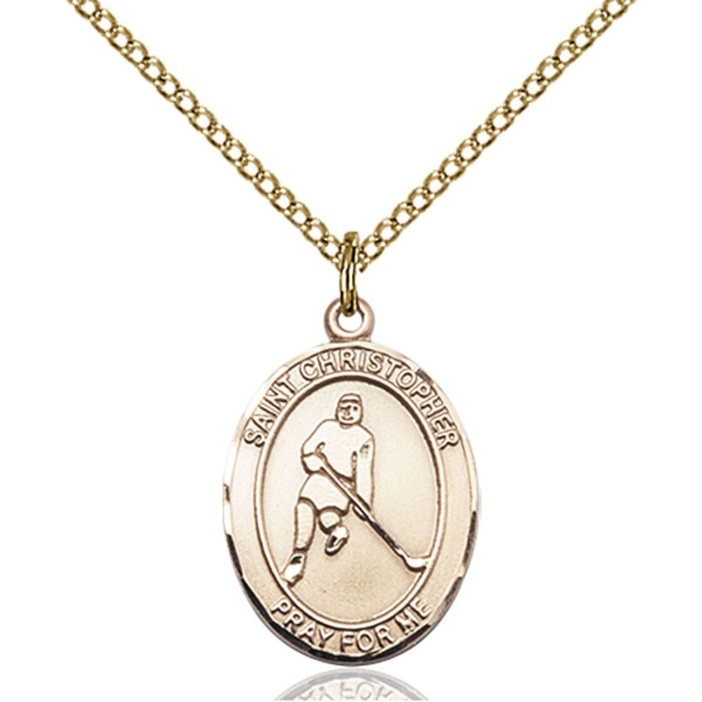 Bonyak Jewelry Saint Medal Collection Custom Engraved Gold Filled St. Christopher/Ice Hockey Pendant 3/4 x 1/2 inches with Gold-Filled Lite Curb Chain