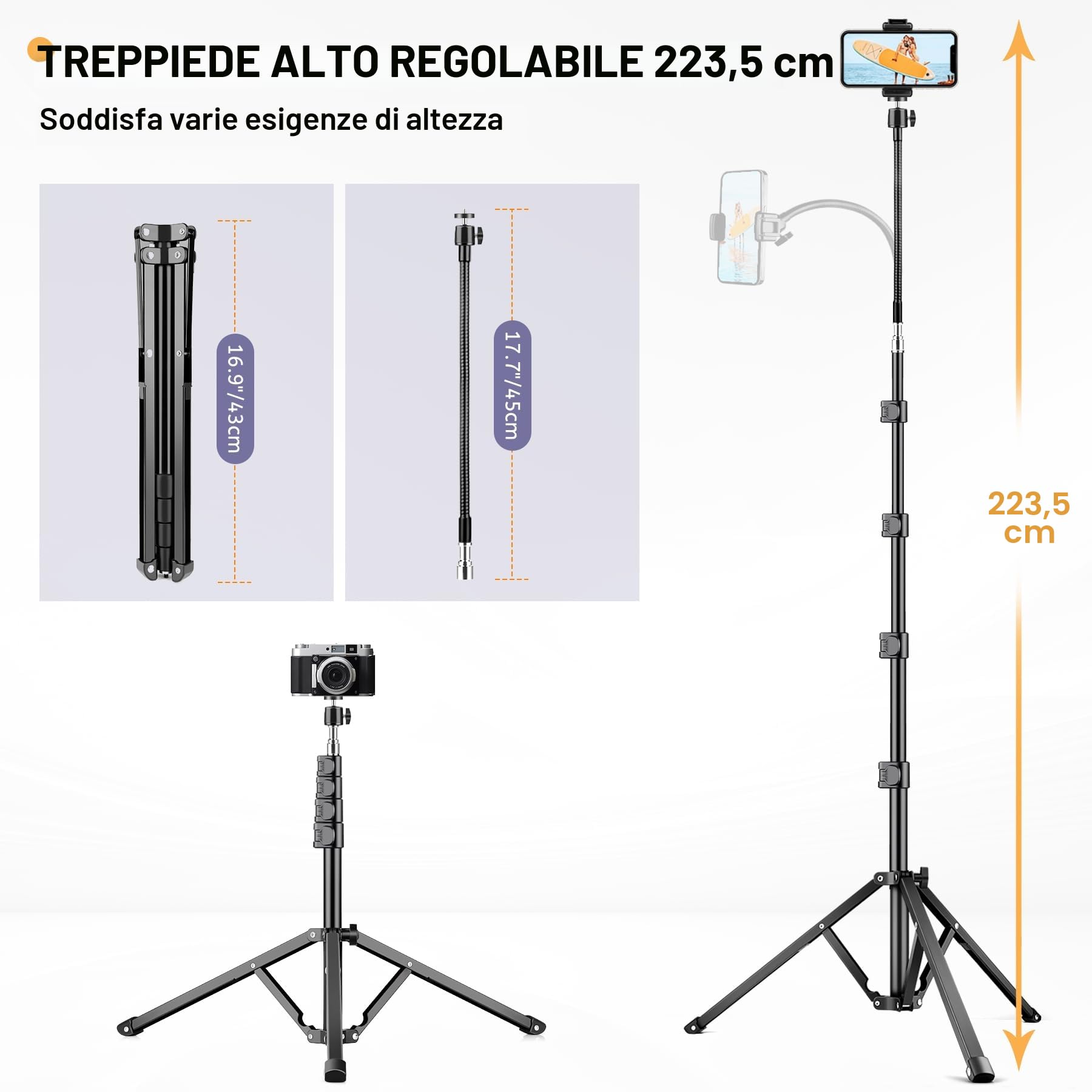Victiv 224cm Treppiede Smartphone, Cavalletto per Smartphone con 35cm Collo D'oca & Telecomando, Tre Piedi per Telefono, Alluminio Treppiede Fotocamera Treppiedi per iPhone 17/16/15/14/13/12 Pro Max