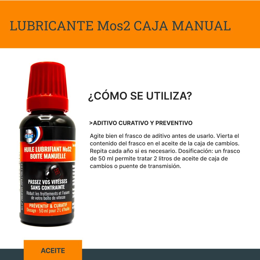 ERC | [Aceite Lubricante MoS2 para Caja de Cambios Manual] | Aditivo para Caja de Cambios Manual | Reduce la Fricción y el Desgaste de la Transmisión | Tratamiento Preventivo y Correctivo | 50 ml
