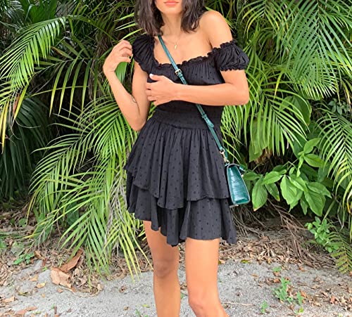 Image of R.Vivimos Women's Summer Cotton Puff Sleeves Layered Ruffles Casual Boho Swing Mini Dresses