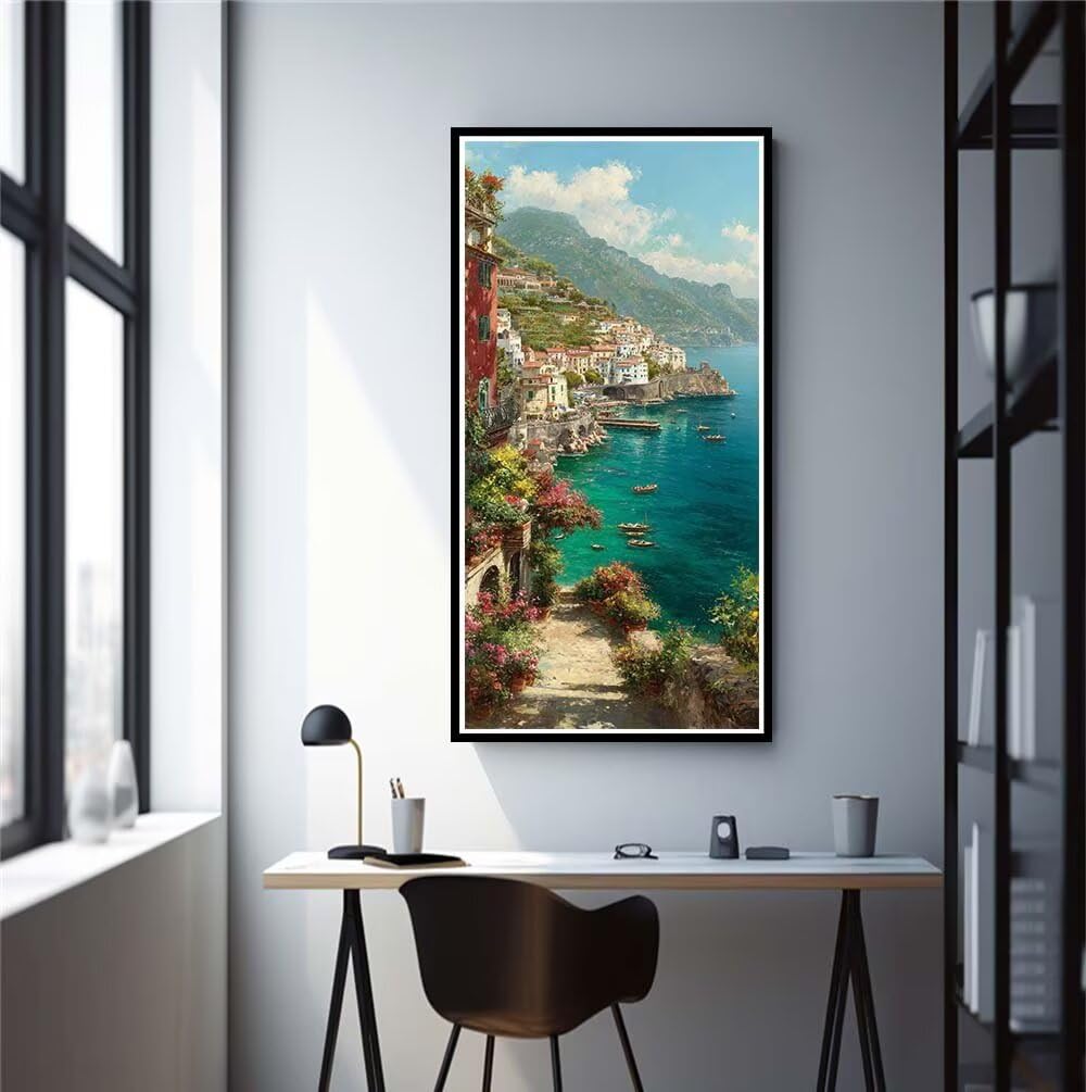 Diamond Painting Kits for Adults, 5D Diamond Art Landscape 50x100cm, DIY Large Coastal Town Dimond Art kits Adults, Full Drill Crystal Rhinestone Embroidery Canvas for Home Wall Decor (RD1005)