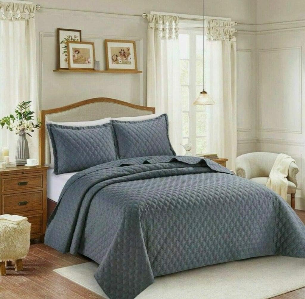 Inspiration Quilted Bedspread Embossed Pattern 3 Piece Comfortable Bed Throw with Pillow Case. (Grey, King)