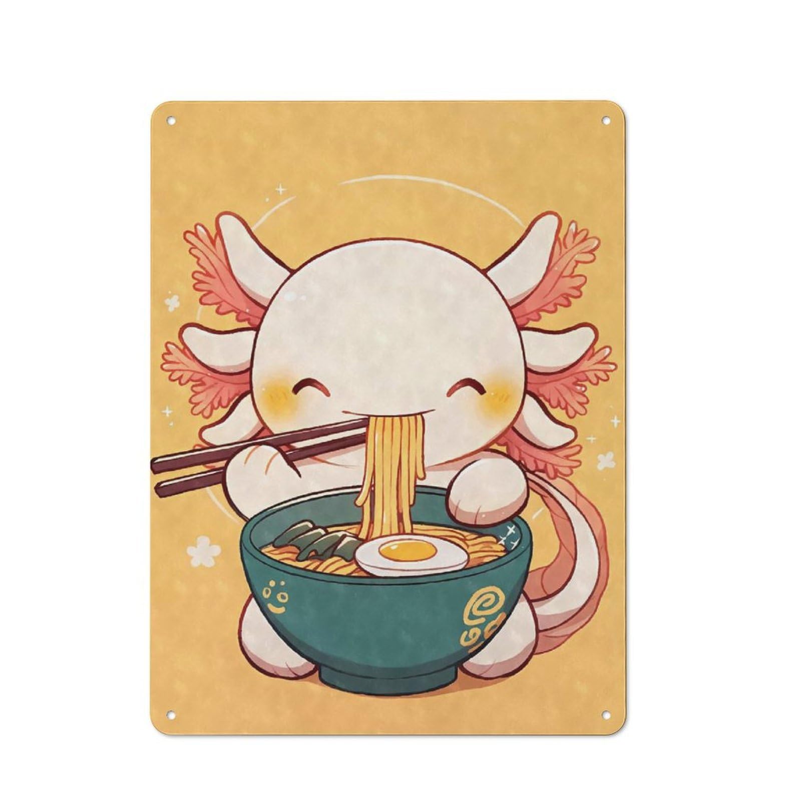 Junmoney Cute Axolotl Eating Ramen Metal Wall Plaque 40X30cm, Understated Creative Space Decor For Home Office, Reading Corner Or Bedroom