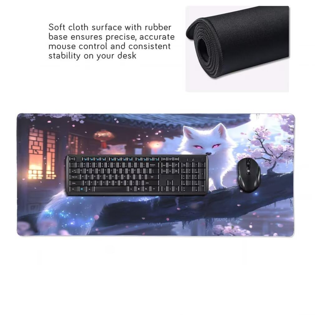 Alfombrilla Raton XXL 1000 x 500 x 3 mm, Mouse Pad Grande Gaming, Alfombrilla de Raton Zorro Blanco Mousepad Lavable Desk Mat para Juegos Y Oficina, Impermeable y Antideslizante (Patio) -MP1557